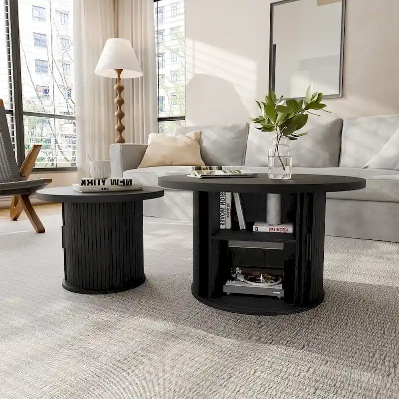 Table basse ronde Tambour Design avec étagère de rangement