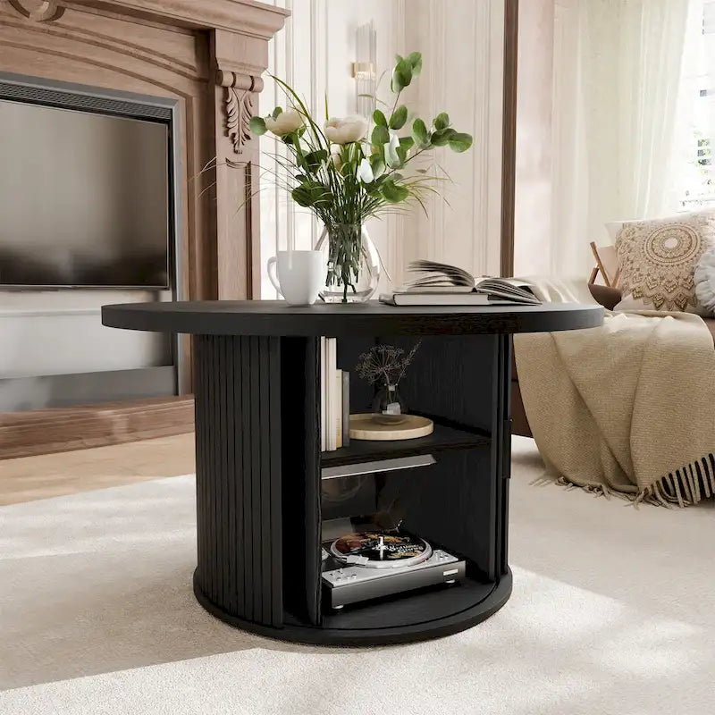 Table basse ronde Tambour Design avec étagère de rangement