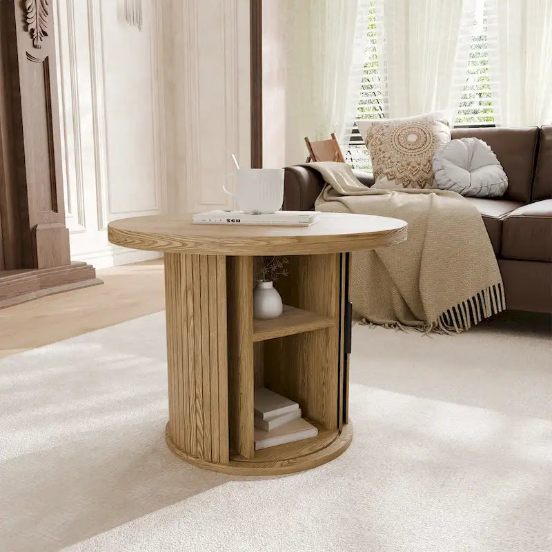 Table basse ronde Tambour Design avec étagère de rangement