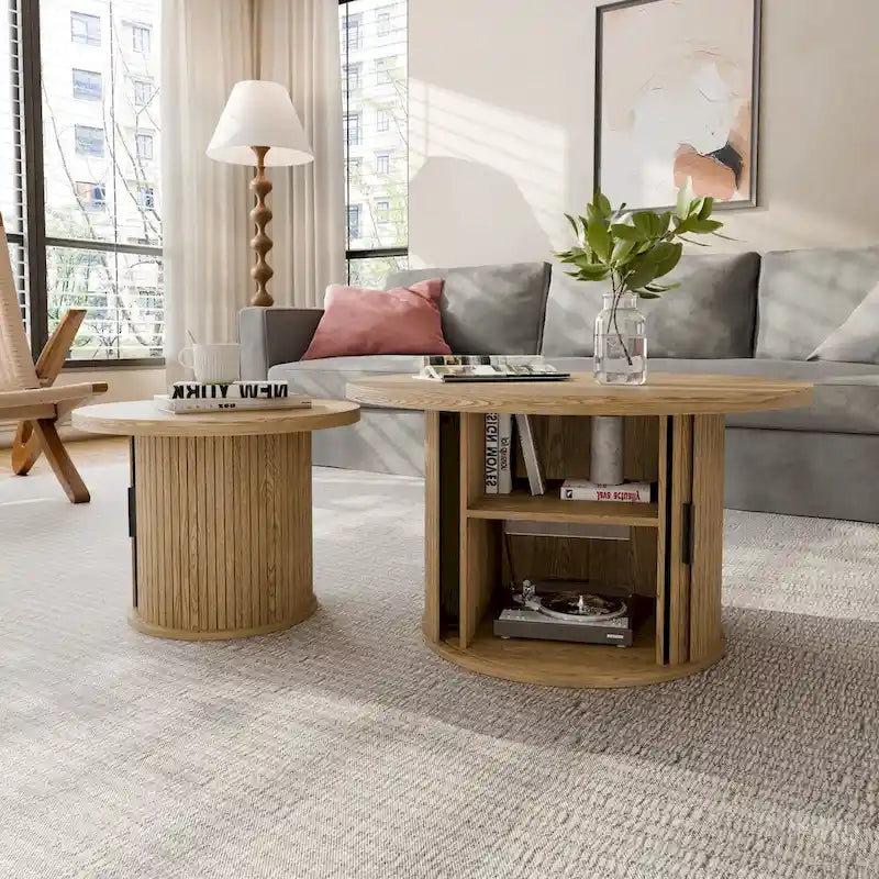 Table basse ronde Tambour Design avec étagère de rangement