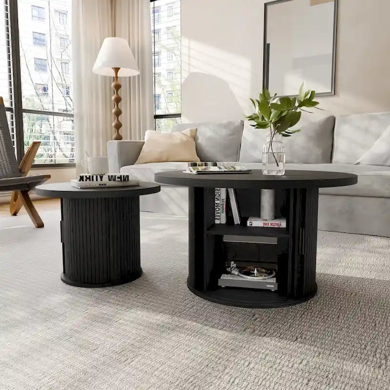 Table basse ronde Tambour Design avec étagère de rangement