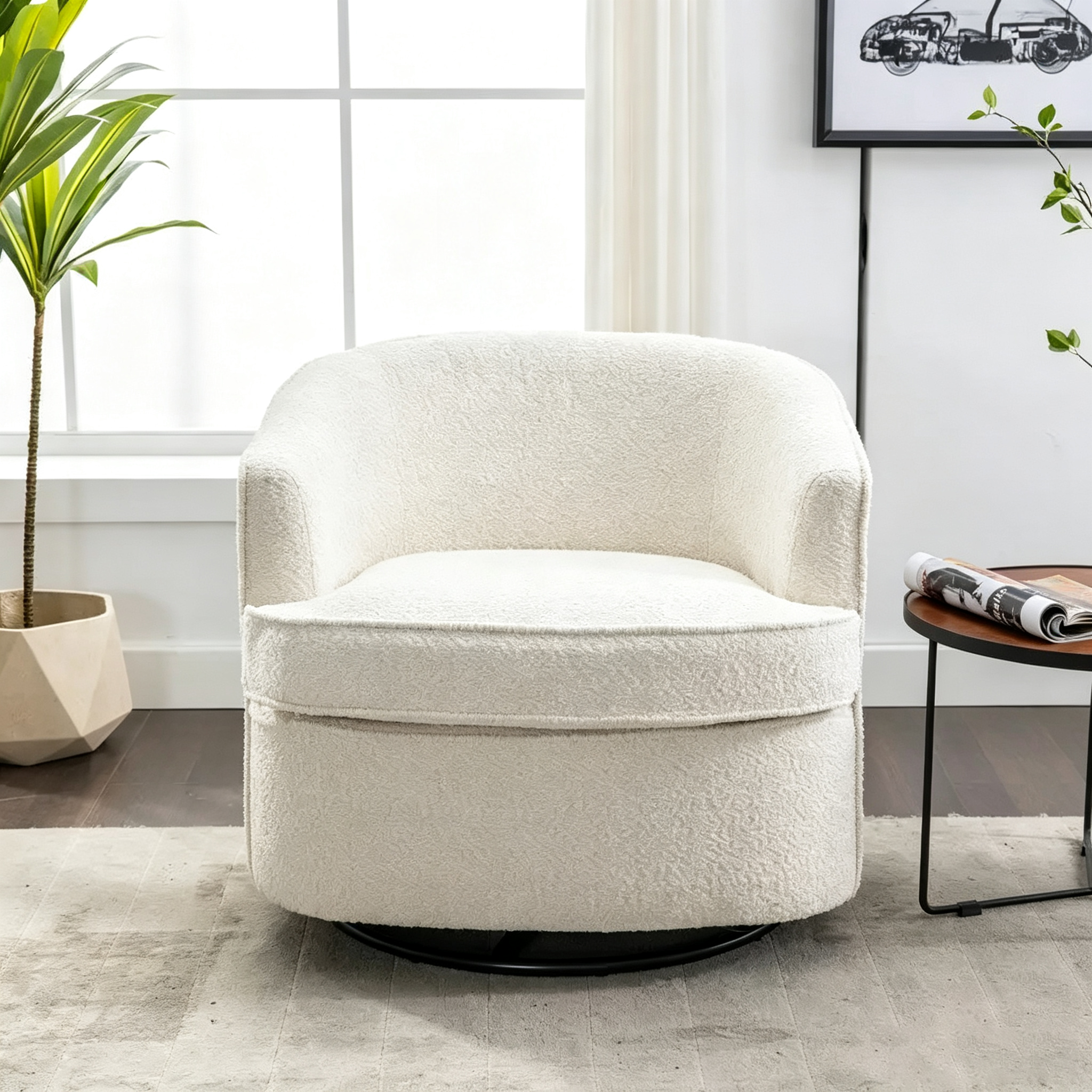 Fauteuil de salon rond pivotant moderne, avec accoudoirs, rembourré
