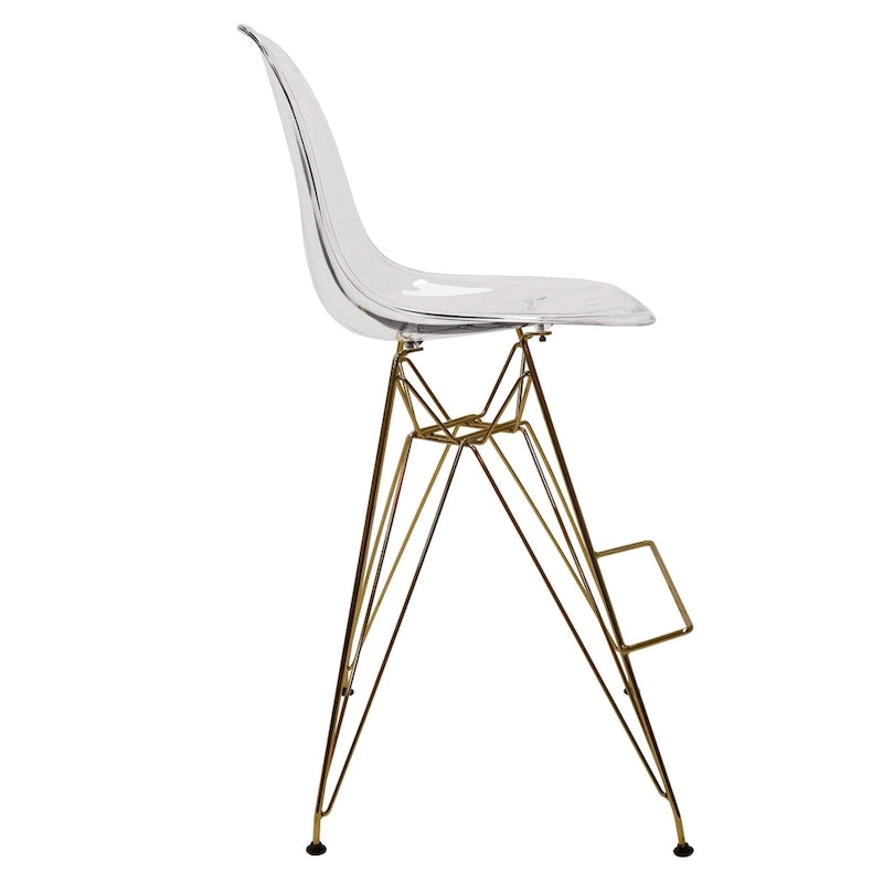 Tabouret de bar en acrylique avec base et repose-pieds chromés dorés