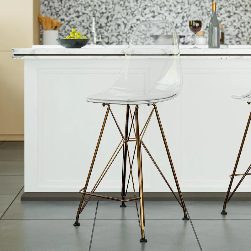 Tabouret de bar en acrylique avec base et repose-pieds chromés dorés