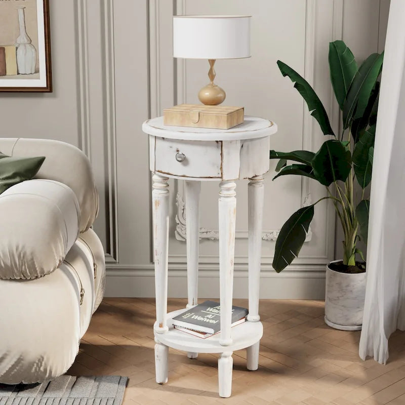 Table de support de téléphone haute ronde blanc vieilli