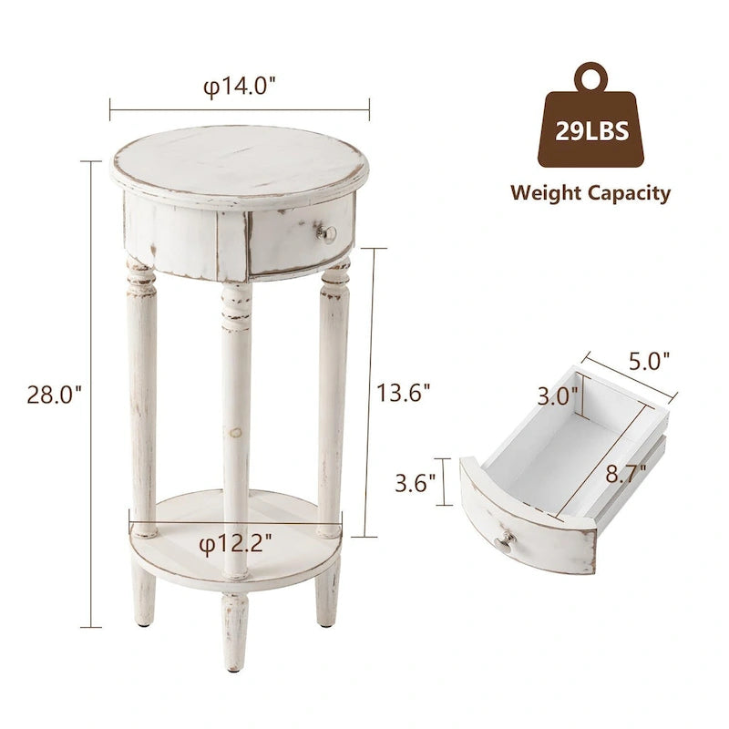 Table de support de téléphone haute ronde blanc vieilli