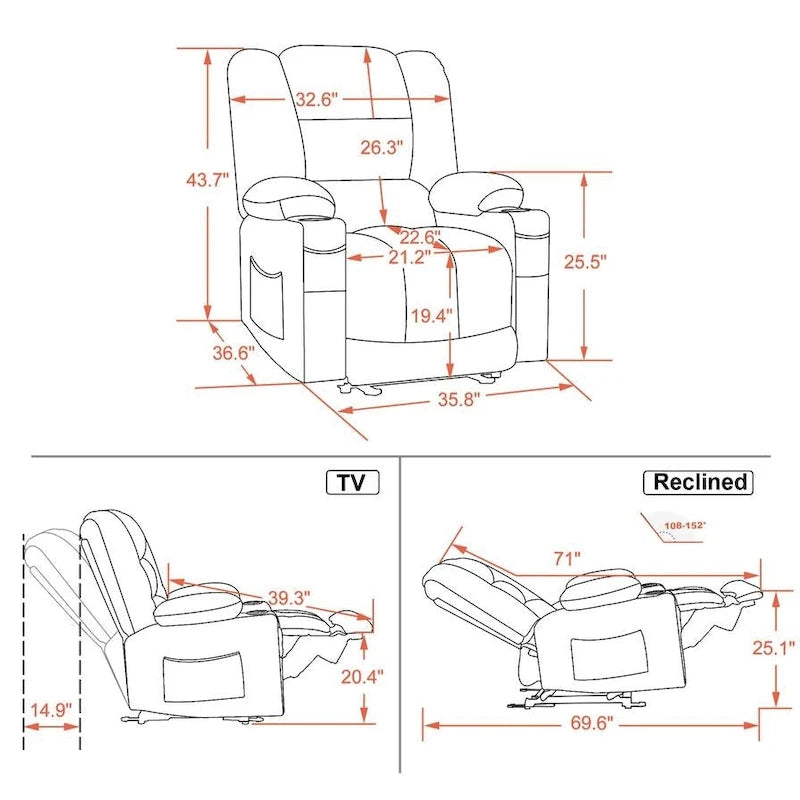 Fauteuil inclinable électrique avec fonctions de chauffage et de massage, Tissu 6079/PR670