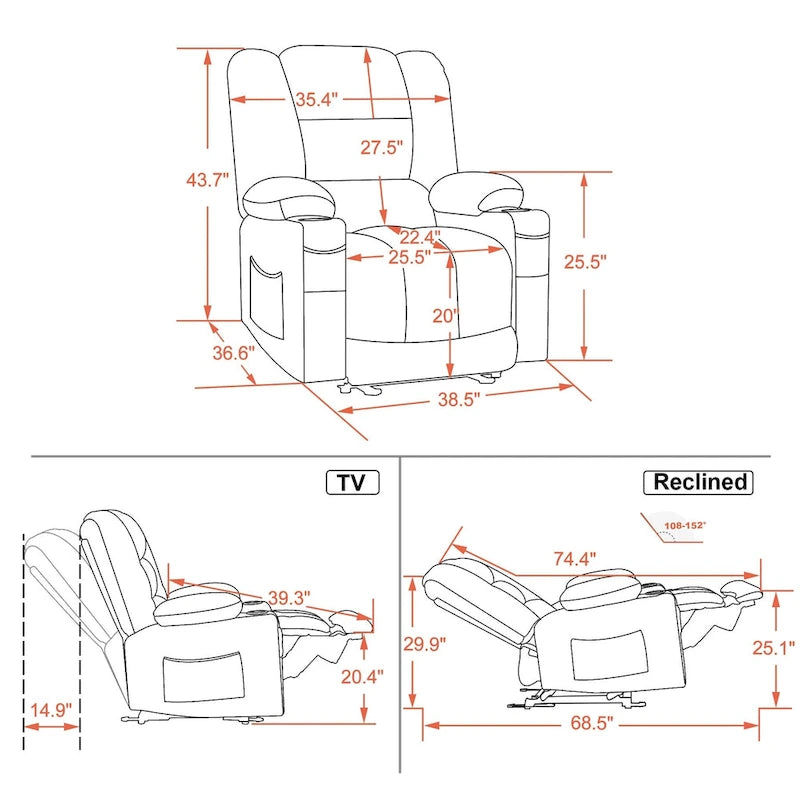 Fauteuil inclinable électrique avec fonctions de chauffage et de massage, Tissu 6079/PR670
