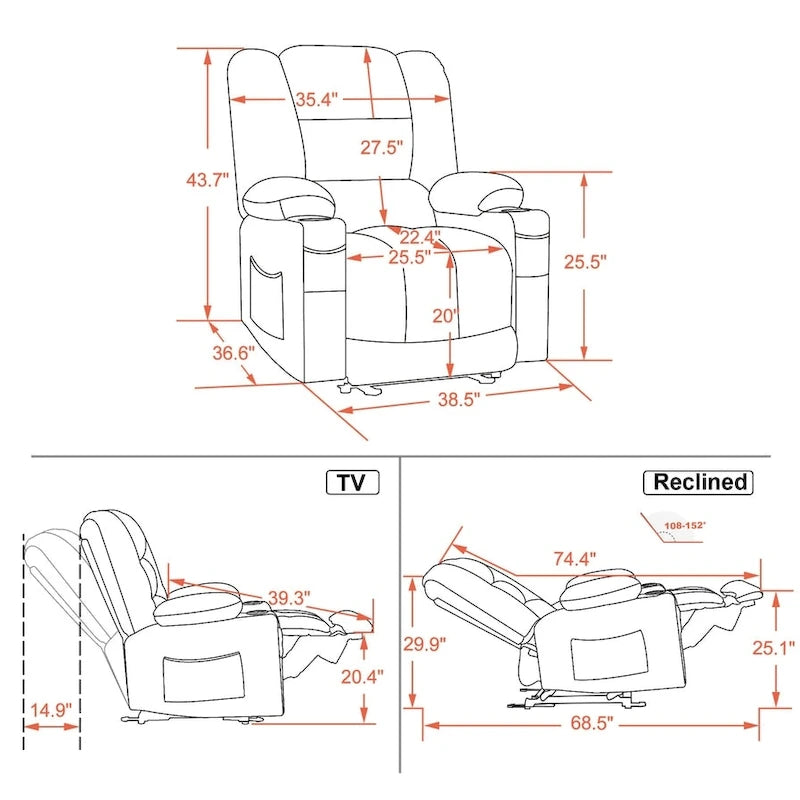 Fauteuil inclinable électrique avec fonctions de chauffage et de massage, Tissu 6079/PR670