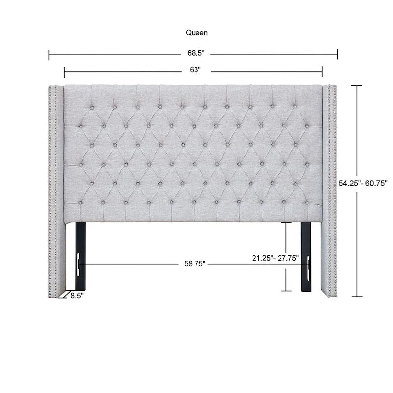 Tête de lit capitonnée à oreilles avec boutons touffetés et clous décoratifs