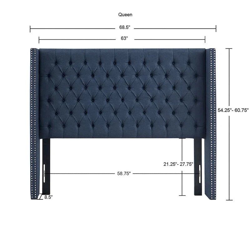Tête de lit capitonnée à oreilles avec boutons touffetés et clous décoratifs