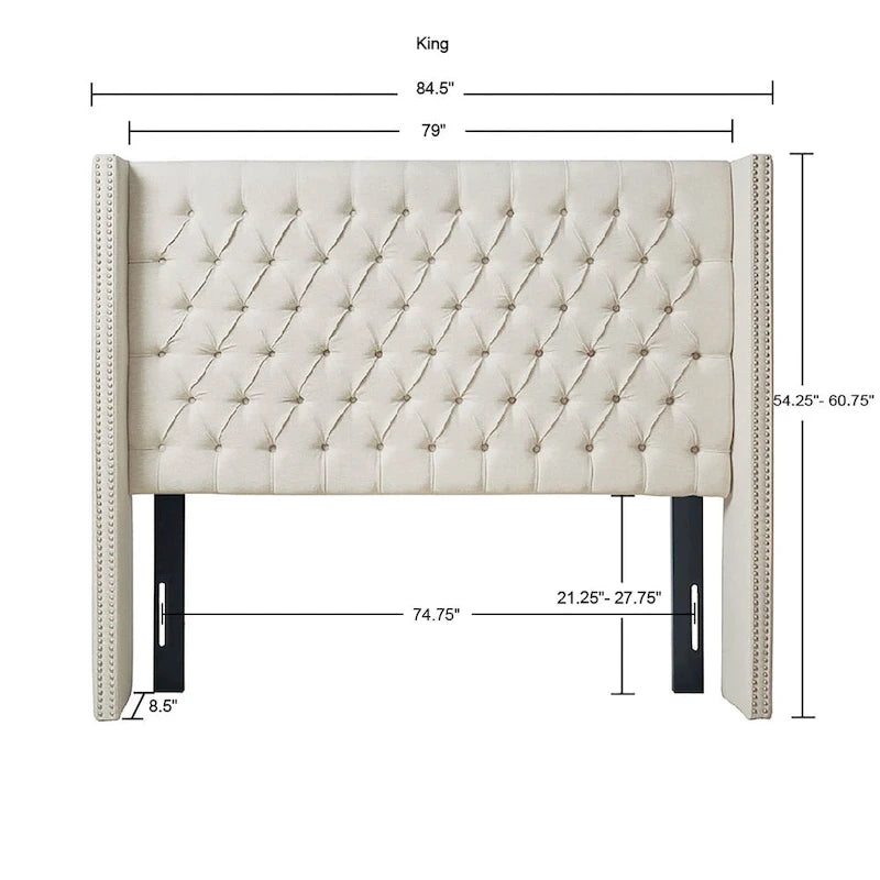Tête de lit capitonnée à oreilles avec boutons touffetés et clous décoratifs