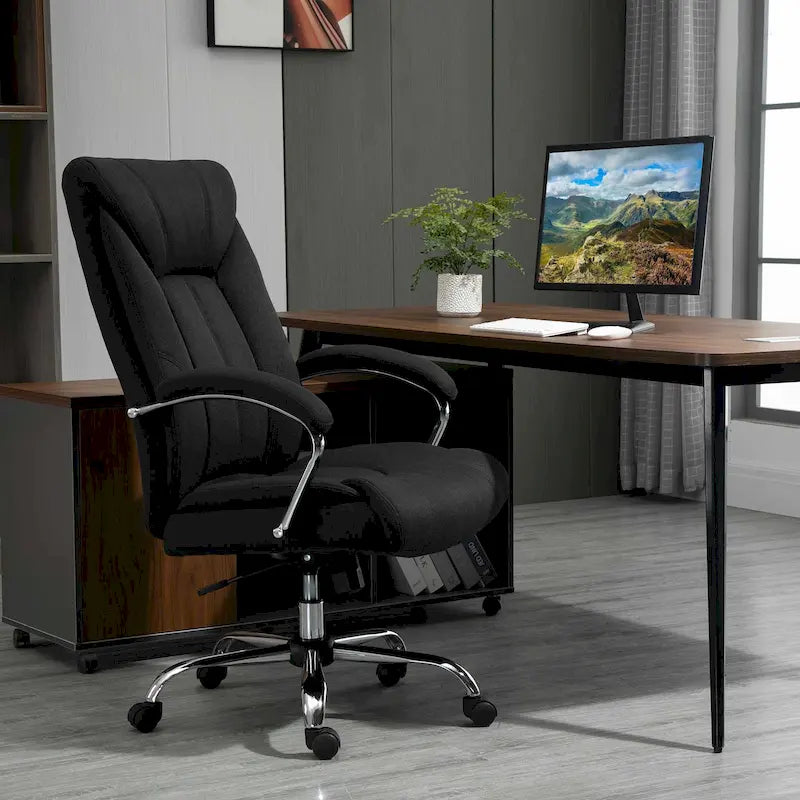 Chaise de bureau pivotante à dossier haut, ergonomique en tissu de lin, avec accoudoirs, réglable en hauteur.