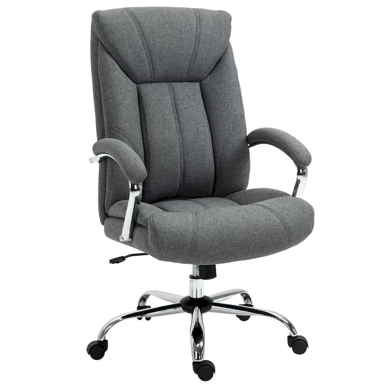 Chaise de bureau pivotante à dossier haut, ergonomique en tissu de lin, avec accoudoirs, réglable en hauteur.