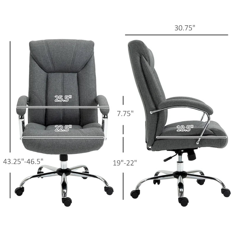 Chaise de bureau pivotante à dossier haut, ergonomique en tissu de lin, avec accoudoirs, réglable en hauteur.