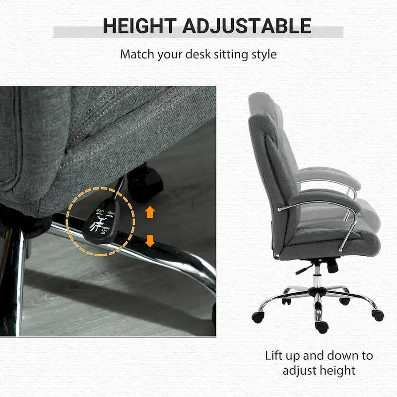 Chaise de bureau pivotante à dossier haut, ergonomique en tissu de lin, avec accoudoirs, réglable en hauteur.