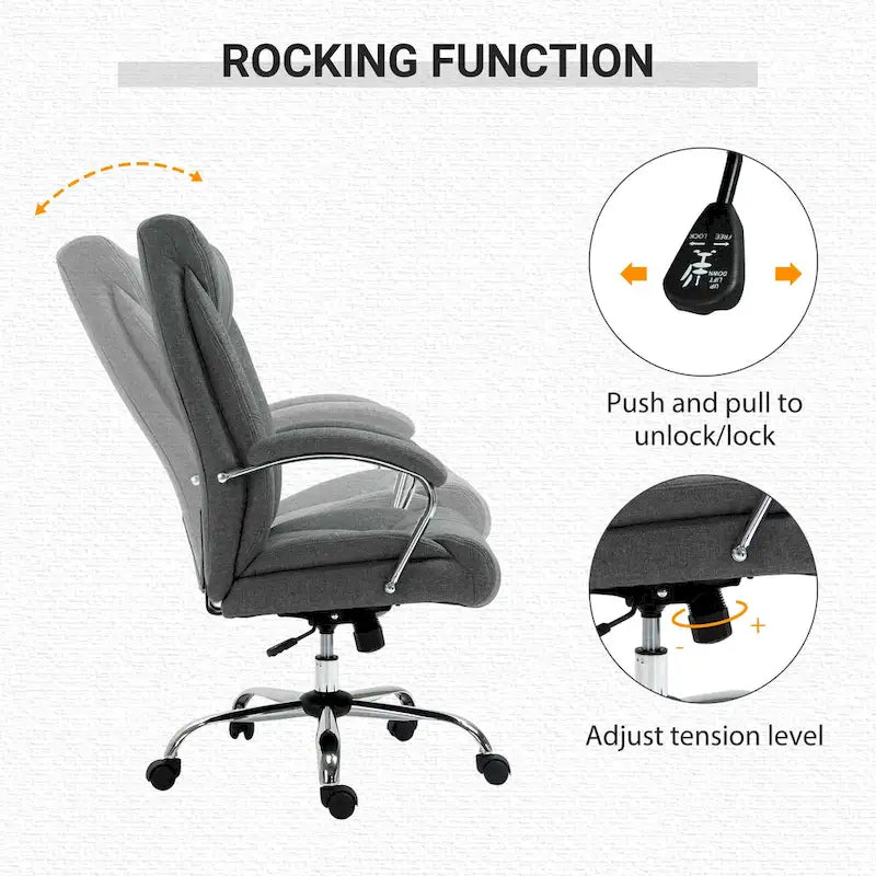 Chaise de bureau pivotante à dossier haut, ergonomique en tissu de lin, avec accoudoirs, réglable en hauteur.
