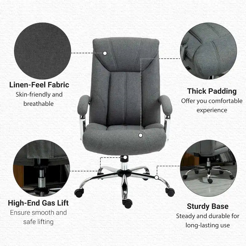Chaise de bureau pivotante à dossier haut, ergonomique en tissu de lin, avec accoudoirs, réglable en hauteur.