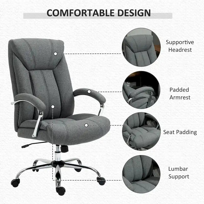 Chaise de bureau pivotante à dossier haut, ergonomique en tissu de lin, avec accoudoirs, réglable en hauteur.
