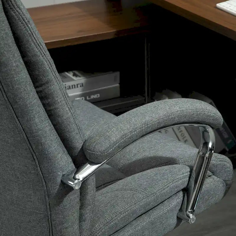 Chaise de bureau pivotante à dossier haut, ergonomique en tissu de lin, avec accoudoirs, réglable en hauteur.