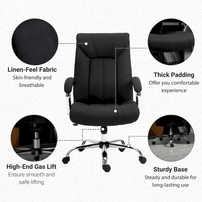 Chaise de bureau pivotante à dossier haut, ergonomique en tissu de lin, avec accoudoirs, réglable en hauteur.