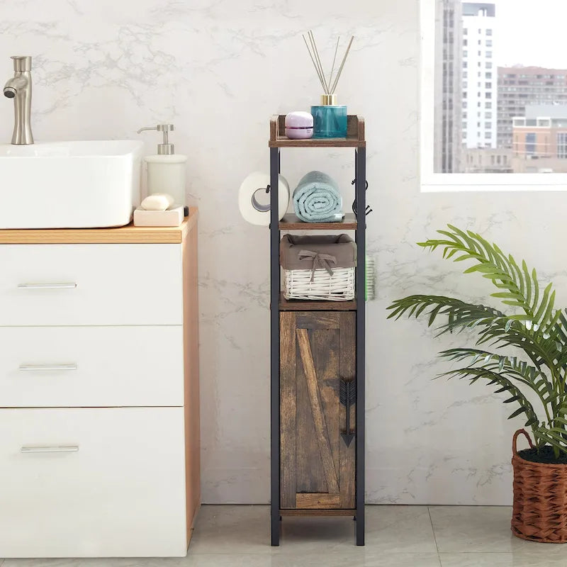 Meuble colonne de salle de bain en bois, Meuble de rangement de salle de bain compact à poser d'angle avec portes et étagères, Porte-rouleau de papier toilette