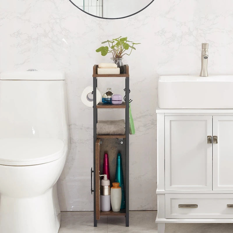 Meuble colonne de salle de bain en bois, Meuble de rangement de salle de bain compact à poser d'angle avec portes et étagères, Porte-rouleau de papier toilette