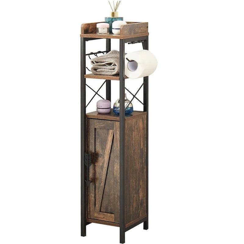 Meuble colonne de salle de bain en bois, Meuble de rangement de salle de bain compact à poser d'angle avec portes et étagères, Porte-rouleau de papier toilette