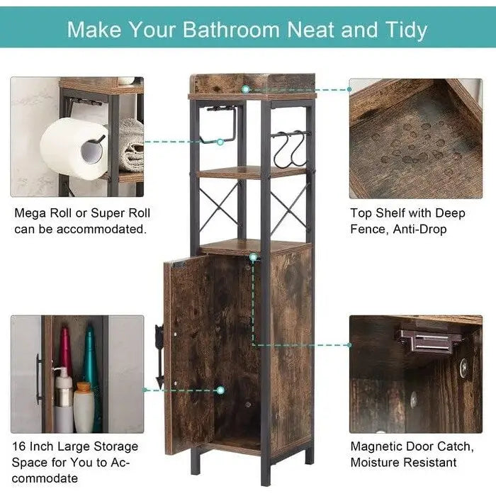 Meuble colonne de salle de bain en bois, Meuble de rangement de salle de bain compact à poser d'angle avec portes et étagères, Porte-rouleau de papier toilette
