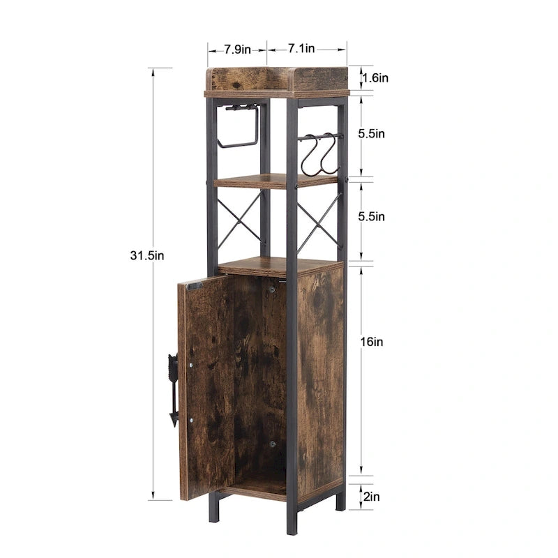 Meuble colonne de salle de bain en bois, Meuble de rangement de salle de bain compact à poser d'angle avec portes et étagères, Porte-rouleau de papier toilette
