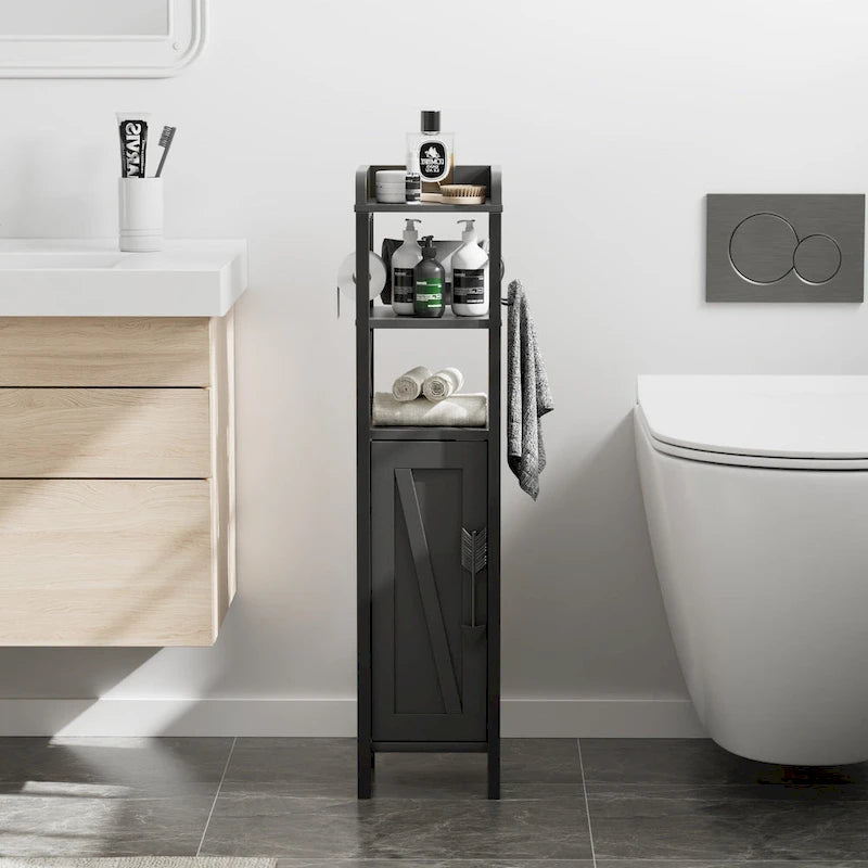 Meuble colonne de salle de bain en bois, Meuble de rangement de salle de bain compact à poser d'angle avec portes et étagères, Porte-rouleau de papier toilette