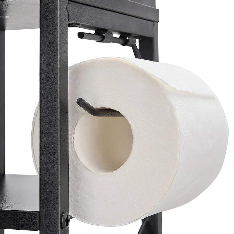 Meuble colonne de salle de bain en bois, Meuble de rangement de salle de bain compact à poser d'angle avec portes et étagères, Porte-rouleau de papier toilette