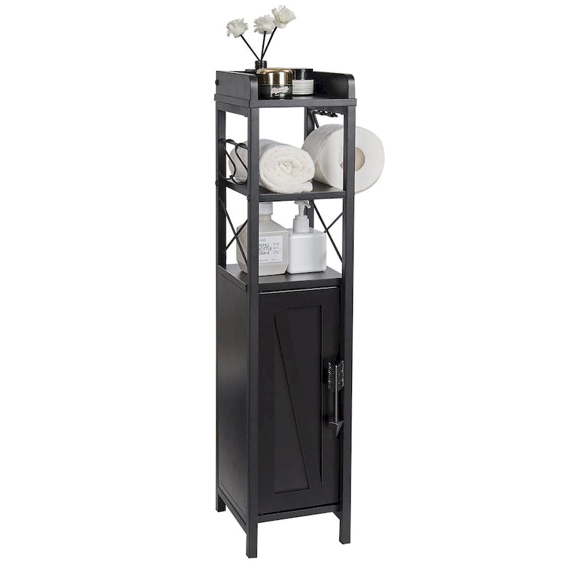 Meuble colonne de salle de bain en bois, Meuble de rangement de salle de bain compact à poser d'angle avec portes et étagères, Porte-rouleau de papier toilette