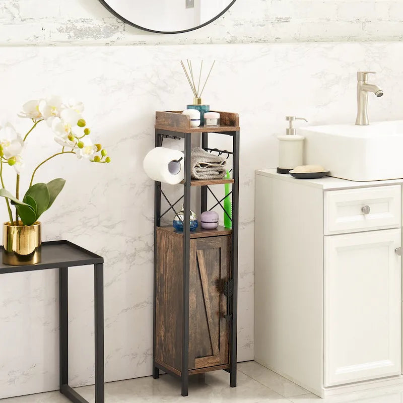 Meuble colonne de salle de bain en bois, Meuble de rangement de salle de bain compact à poser d'angle avec portes et étagères, Porte-rouleau de papier toilette