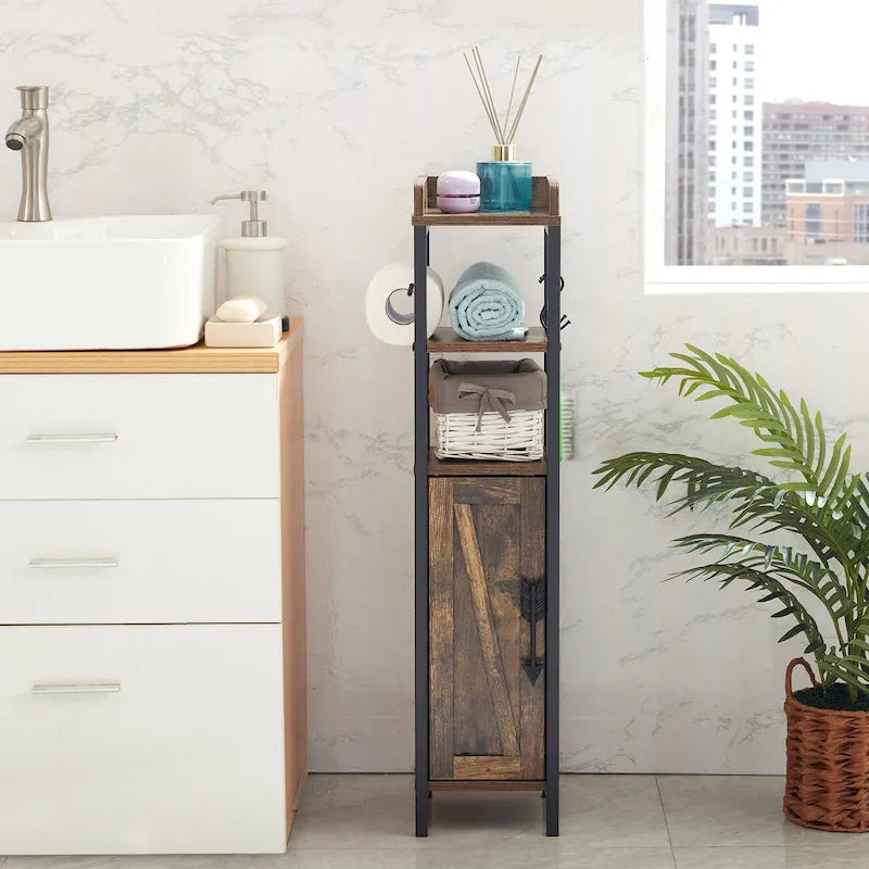 Meuble colonne de salle de bain en bois, Meuble de rangement de salle de bain compact à poser d'angle avec portes et étagères, Porte-rouleau de papier toilette