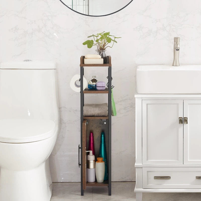 Meuble colonne de salle de bain en bois, Meuble de rangement de salle de bain compact à poser d'angle avec portes et étagères, Porte-rouleau de papier toilette