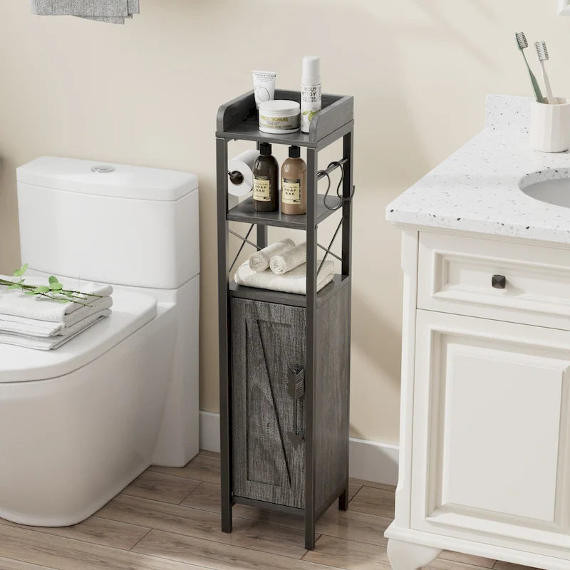 Meuble colonne de salle de bain en bois, Meuble de rangement de salle de bain compact à poser d'angle avec portes et étagères, Porte-rouleau de papier toilette