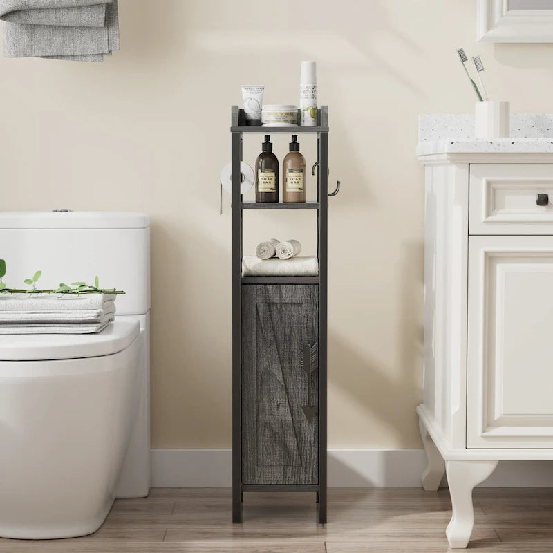 Meuble colonne de salle de bain en bois, Meuble de rangement de salle de bain compact à poser d'angle avec portes et étagères, Porte-rouleau de papier toilette