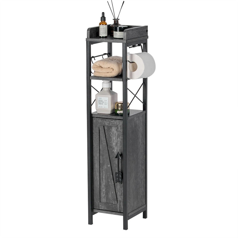 Meuble colonne de salle de bain en bois, Meuble de rangement de salle de bain compact à poser d'angle avec portes et étagères, Porte-rouleau de papier toilette