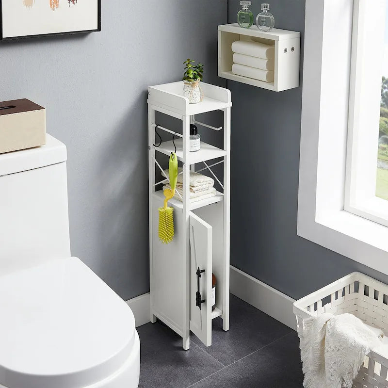 Meuble colonne de salle de bain en bois, Meuble de rangement de salle de bain compact à poser d'angle avec portes et étagères, Porte-rouleau de papier toilette
