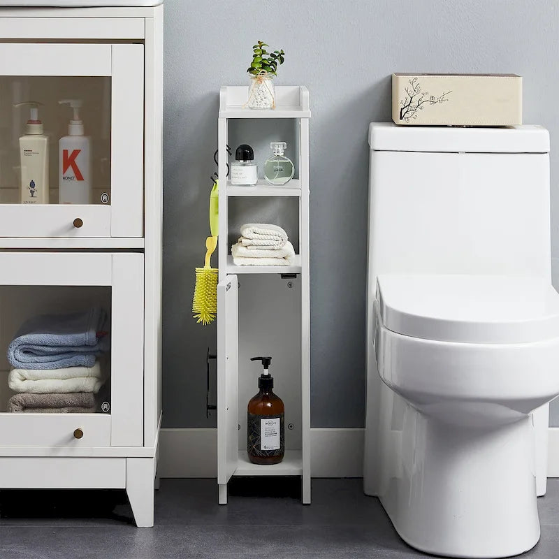 Meuble colonne de salle de bain en bois, Meuble de rangement de salle de bain compact à poser d'angle avec portes et étagères, Porte-rouleau de papier toilette