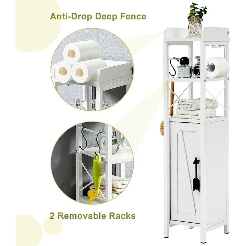 Meuble colonne de salle de bain en bois, Meuble de rangement de salle de bain compact à poser d'angle avec portes et étagères, Porte-rouleau de papier toilette