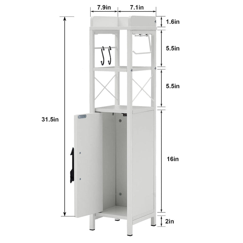Meuble colonne de salle de bain en bois, Meuble de rangement de salle de bain compact à poser d'angle avec portes et étagères, Porte-rouleau de papier toilette