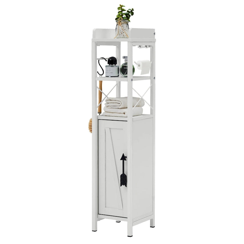 Meuble colonne de salle de bain en bois, Meuble de rangement de salle de bain compact à poser d'angle avec portes et étagères, Porte-rouleau de papier toilette
