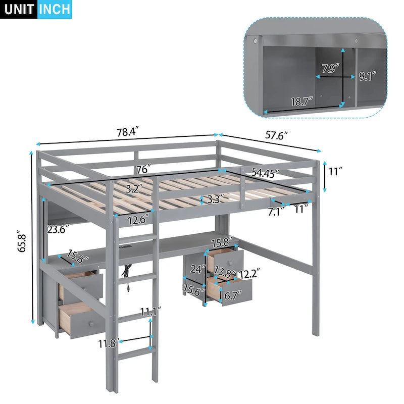 Lit mezzanine grand format avec bureau, armoires, tiroirs et plateau de chevet, station de charge, gris