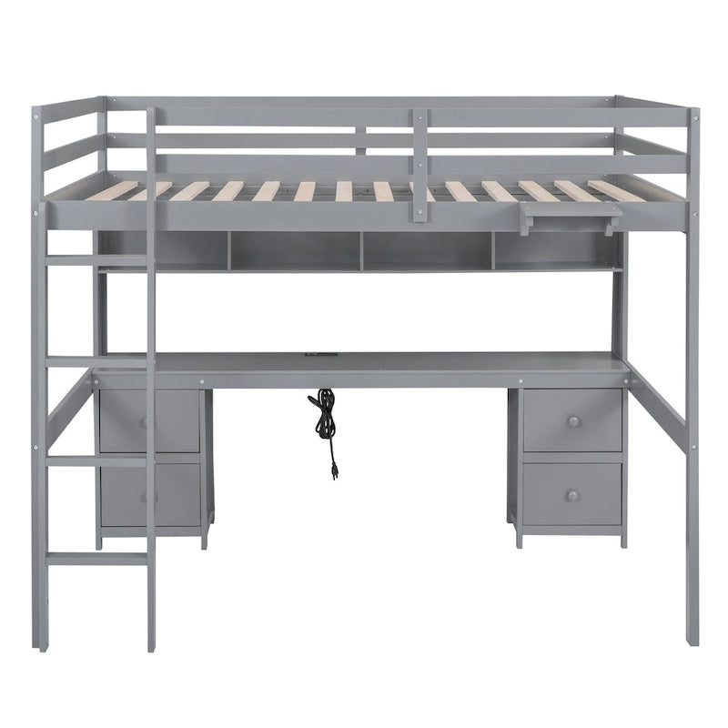 Lit mezzanine grand format avec bureau, armoires, tiroirs et plateau de chevet, station de charge, gris