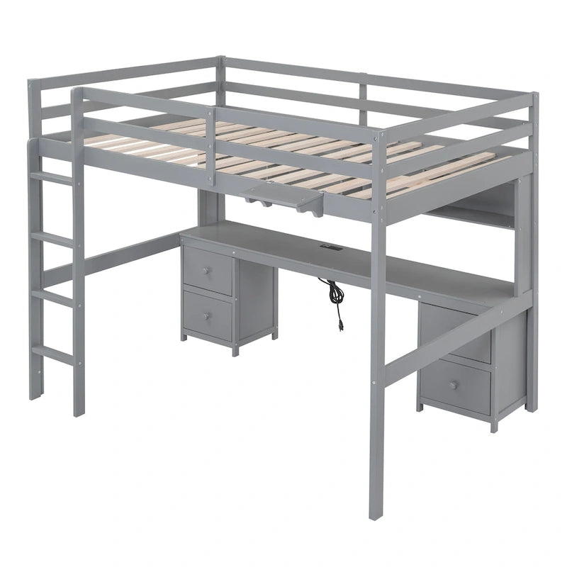 Lit mezzanine grand format avec bureau, armoires, tiroirs et plateau de chevet, station de charge, gris
