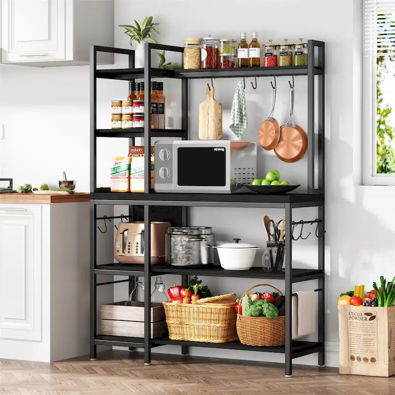 Étagère de boulanger en bois industriel marron avec rangement, support de micro-ondes moderne noir, étagère de rangement utilitaire de cuisine à 5 niveaux