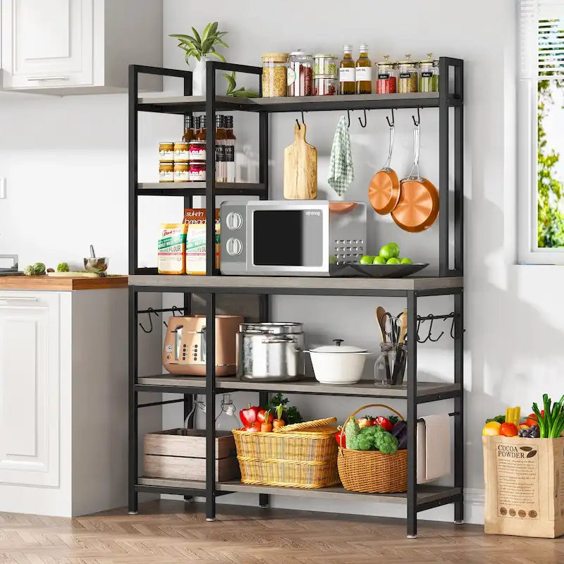 Étagère de boulanger en bois industriel marron avec rangement, support de micro-ondes moderne noir, étagère de rangement utilitaire de cuisine à 5 niveaux