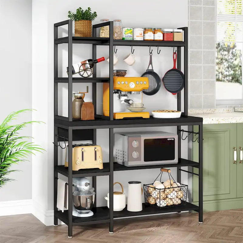 Étagère de boulanger en bois industriel marron avec rangement, support de micro-ondes moderne noir, étagère de rangement utilitaire de cuisine à 5 niveaux